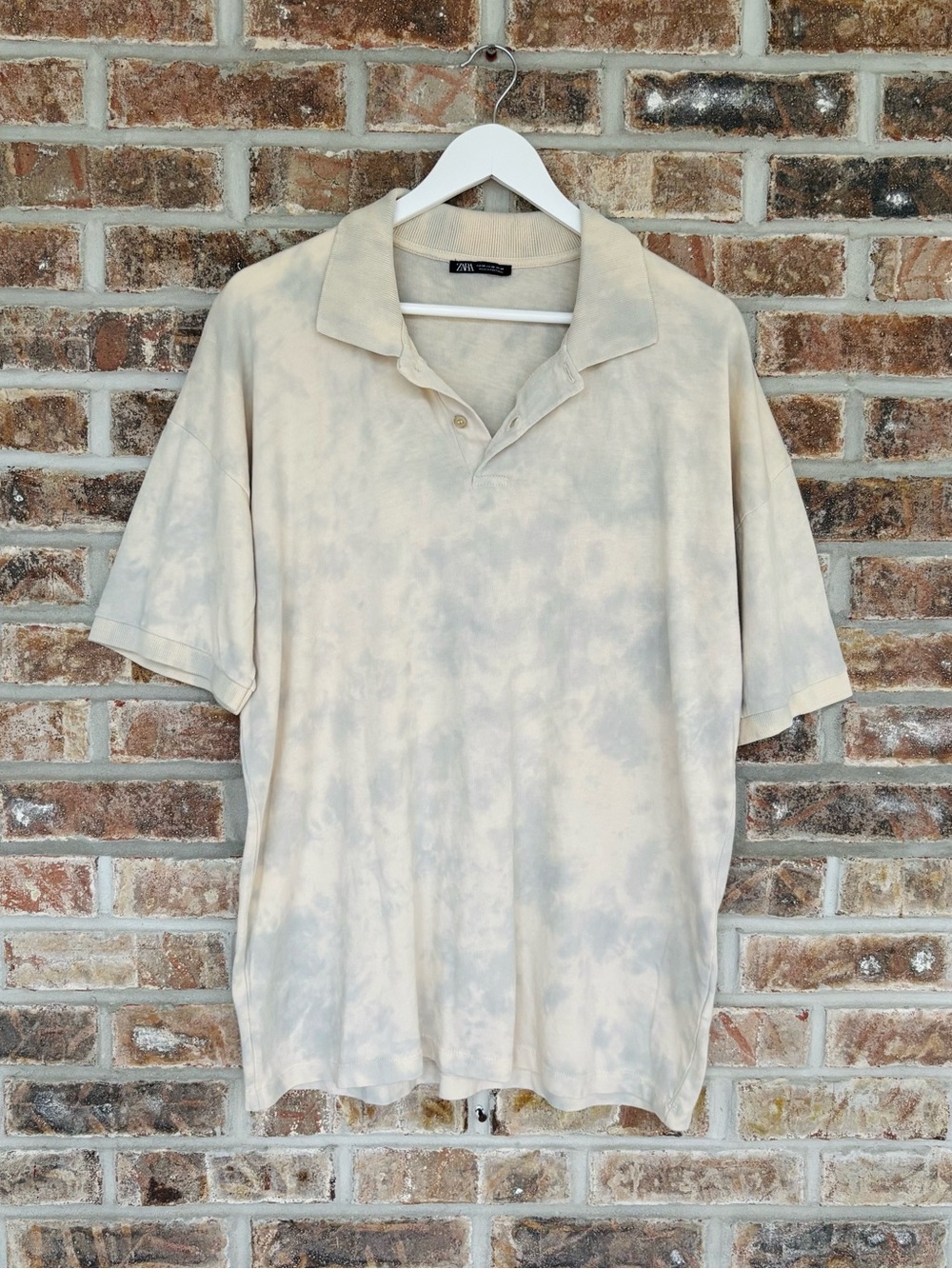 Zara Men’s Polo Shirt Beige Gray Tie-Dye Medium